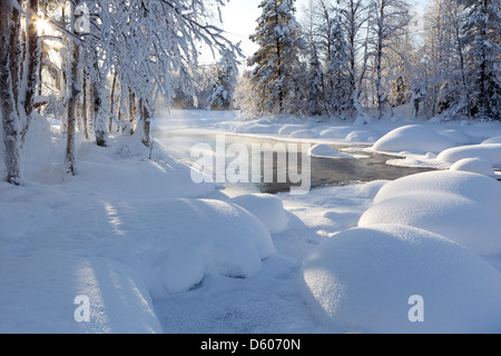 Blick auf Schnee bedeckt Kitka Fluss mit niedrigen Morgensonne, Kuusamo, Finnland im Februar. Stockfoto