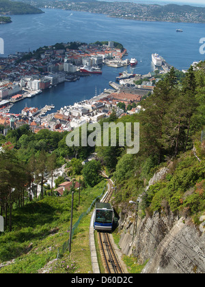 Die Floibanen Incline Railway klettert an die Spitze des Mount Floyen, Bergen, Norwegen Stockfoto