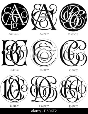 Ein Bild aus einer Sammlung von Monogrammen und Chiffren aus dem Jahr 1906, das komplizierte Designs für Initialen, Wappen und typografische Symbole zeigt. Das Bild unterstreicht die Eleganz der Typografie des frühen 20. Jahrhunderts. Stockfoto