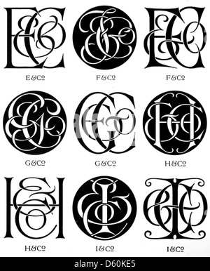 Eine Sammlung von Monogrammen und Chiffren aus einer 1906 erschienenen Publikation, die typografische Designs für Initialen und Wappen zeigt. Das Bild konzentriert sich auf komplizierte Schriftzüge und Embleme, die einen Einblick in den typografischen Stil des frühen 20. Jahrhunderts bieten. Stockfoto