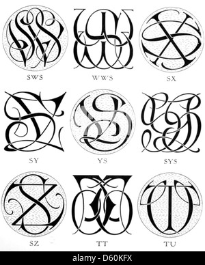 Dieses Bild zeigt eine Sammlung von Monogrammen und Chiffren aus einem Designbuch aus dem Jahr 1906, das verschiedene Stile personalisierter Initialen und geheimnisvoller Chiffren zeigt. Diese Entwürfe spiegeln grafische Künste und typografische Trends des frühen 20. Jahrhunderts wider. Stockfoto