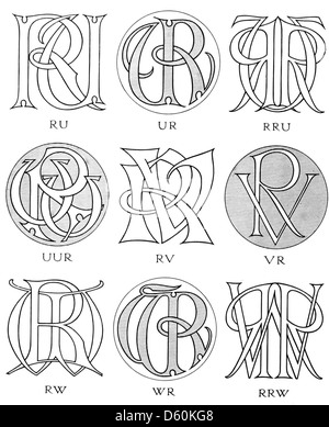 Ein Bild aus „Monograms & Ciphers“ (1906), das eine Sammlung von Chiffren, Wappen und Monogrammen zeigt, die in Design und Typografie verwendet werden. Das Bild konzentriert sich auf die komplizierte Verwendung von Initialen und personalisierten Symbolen in der dekorativen Kunst des frühen 20. Jahrhunderts. Stockfoto