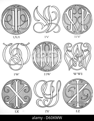 Dieses Bild zeigt wahrscheinlich ein Beispiel aus Monograms & Ciphers (1906), einer Sammlung typografischer Designs mit Monogrammen, Chiffren und Wappen, mit Schwerpunkt auf ornamentalen und personalisierten Schriftarten. Stockfoto