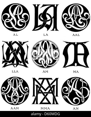 Dieses Bild aus dem Jahr 1906 zeigt eine Sammlung von Monogrammen und Chiffren, die im frühen 20. Jahrhundert wegen persönlicher Identifikation und Dekoration beliebt waren. Monogramme wurden häufig auf persönlichen Schreibwaren, Kleidung und Haushaltsgegenständen verwendet, was die sozialen Trends der damaligen Zeit widerspiegelte. Stockfoto