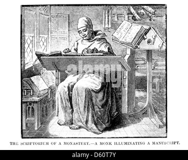 Eine Illustration aus dem Jahr 1899 aus „Eine kurze Geschichte der mittelalterlichen und modernen Völker“, die eine beleuchtete Handschrift eines mittelalterlichen Mönchs darstellt. Das Kunstwerk zeigt die komplizierten Entwürfe und farbenfrohen Illustrationen, die typisch für mittelalterliche Manuskripte sind. Stockfoto