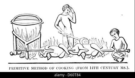 Dieses Bild aus „Eine kurze Geschichte der mittelalterlichen und modernen Völker“ (1899) zeigt eine Kochszene aus dem 14. Jahrhundert, die die kulinarischen Praktiken dieser Zeit darstellt. Stockfoto