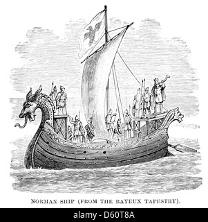 Eine Illustration aus „A Brief History of Medieval and Modern Peoples“ (1899) mit einer Szene, die vom Teppich von Bayeux inspiriert ist und ein normannisches Schiff im Mittelalter darstellt. Stockfoto