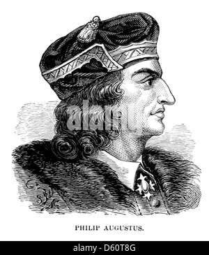 Ein Bild aus „Eine kurze Geschichte der mittelalterlichen und modernen Völker“ (1899) mit Philipp Augustus, einem mittelalterlichen französischen König. Die Illustration konzentriert sich auf seine Herrschaft und den Einfluss, den er auf die französische Geschichte im Mittelalter hatte. Stockfoto
