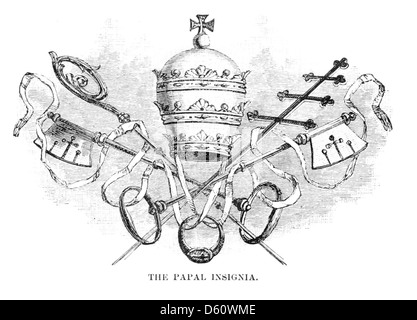 Diese 1899 abgebildete Illustration aus *A Brief History of Medieval and Modern Peoples* zeigt die päpstlichen Insignien, die die Autorität und Tradition des Papsttums im historischen Kontext repräsentieren. Stockfoto