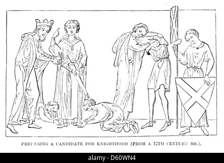 Eine Illustration aus „Eine kurze Geschichte der mittelalterlichen und modernen Völker“ (1899), die den Begriff der Ritterschaft im 12. Jahrhundert zeigt. Das Bild spiegelt die soziale und militärische Rolle der Ritter im mittelalterlichen Europa wider. Stockfoto