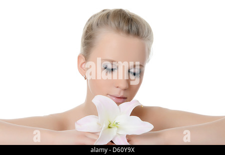 Die schöne Frau mit Lilie Blume Stockfoto