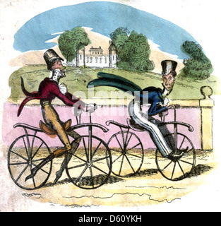 Dieses Bild ist ein Karikaturstich aus „The Dandy’s Perambulations“, einem satirischen Werk aus dem Jahr 1821, das humorvoll den modischen „Dandy“ der Epoche darstellt, einschließlich einer Szene mit einem frühen Fahrrad. Die Stiche verspotten die gesellschaftlichen Trends der Zeit. Stockfoto