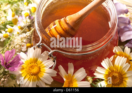 Bio-Honig in ein Glas und Wagen Stockfoto