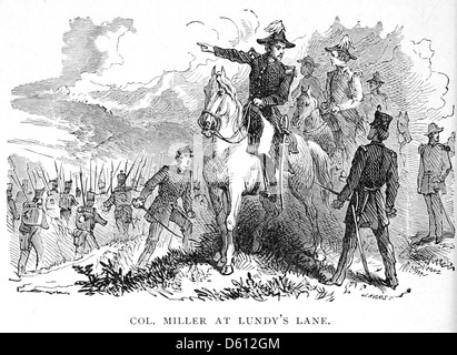 Dieses 1881 erschienene Bild von „A Gallop Among American Scenery“ zeigt Colonel Miller bei der Schlacht von Lundy’s Lane, einem entscheidenden Gefecht im Krieg von 1812. Das Kunstwerk beleuchtet das amerikanische Militär und die dramatischen Landschaften der Zeit, die Geschichte und landschaftliche Schönheit verbinden. Stockfoto