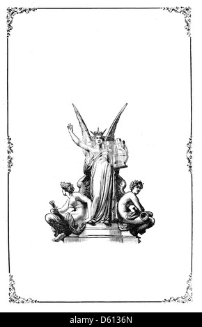 Dieses Bild aus „A Festival of Song“ (1876) zeigt einen Engel, der eine Leier hält, umgeben von einer dekorativen Grenze, die die poetischen und musikalischen Themen des Festivals symbolisiert. Stockfoto