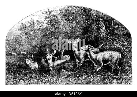 Eine Illustration aus „A Festival of Song“ (1876) mit einem Hirsch in einer natürlichen Umgebung. Das Bild kann Themen der Poesie und der Natur darstellen und literarische Kultur mit visueller Kunst verbinden. Stockfoto