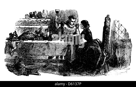 Eine Illustration aus „A Festival of Song“ (1876), die ein Festmahl zeigt, bei dem Toasts zu Ehren der größten Dichter der englischen Sprache gemacht werden. Die Szene zeigt literarische Zusammenkünfte aus dem 19. Jahrhundert. Stockfoto