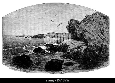 Eine Illustration aus „A Festival of Song“ (1876) mit einer felsigen Küste. Das Bild vermittelt die natürliche Schönheit der Umgebung und symbolisiert die poetische Atmosphäre und die Themen der Natur, die in den poetischen Ereignissen des Buches beschrieben werden. Stockfoto