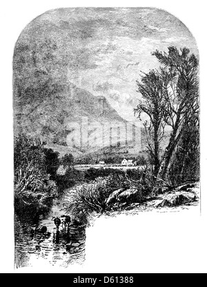 Eine Illustration aus dem Jahr 1876 aus „A Festival of Song“, die eine ruhige Landschaft darstellt. Das Bild erinnert an die Themen Poesie und Lied der größten englischen Dichter vor pastoraler Kulisse. Stockfoto