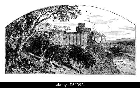 Eine Illustration aus „A Festival of Song“ (1876), die eine Burg für einen Abend voller Poesie zeigt. Das Bild zeigt ein poetisches Ereignis mit prominenten Dichtern, die ihre Werke in einem großen Schloss rezitieren und das Erbe der englischen Dichtung feiern. Stockfoto