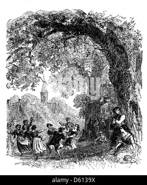 Eine Illustration aus „A Festival of Song“ (1876), die einen Country-Tanz darstellt. Das Bild zeigt Menschen, die an einem traditionellen Tanz in einer ländlichen Umgebung teilnehmen und Lyrik und Lied in der englischen Landschaft des 19. Jahrhunderts feiern. Stockfoto