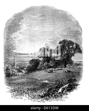 Diese Illustration aus dem Jahr 1876 fängt einen ruhigen Moment eines Festivals ein, bei dem die größten Dichter der englischen Sprache gefeiert werden. Das Bild zeigt einen Kirchturm und ein friedliches Tal, das an die ruhige Atmosphäre eines kulturellen Ereignisses erinnert, das sich auf Poesie und Gesang konzentriert. Stockfoto