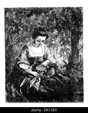 Eine Illustration aus dem Jahr 1876 aus *A Festival of Song*, einer Sammlung, die die Werke bekannter englischer Dichter feiert. Das Bild verkörpert die Eleganz und Kunstfertigkeit englischer poetischer Traditionen und das literarische Erbe des 19. Jahrhunderts. Stockfoto