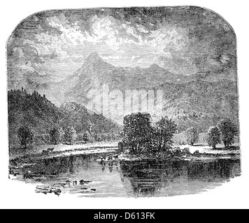 Eine Illustration aus „A Festival of Song“ (1876), die dramatische Berge und malerische Ausblicke zeigt. Das Bild zeigt den kulturellen und künstlerischen Reichtum der englischen Poesie, gepaart mit malerischen Landschaften. Stockfoto