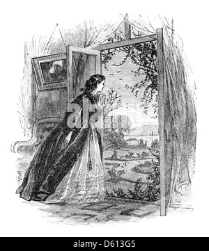 Dieses Bild aus „A Festival of Song“ (1876) zeigt eine abendliche Kulisse mit offenen französischen Fenstern, die das Ambiente der Außenwelt einlädt. Die Szene ist wahrscheinlich Teil eines poetischen Treffens oder Auftritts mit den größten englischen Dichtern der Zeit. Stockfoto