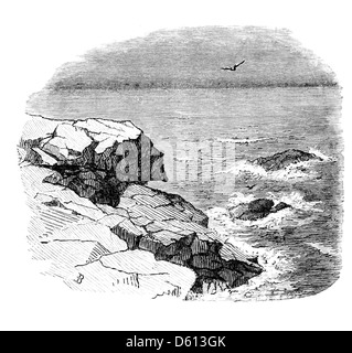 Eine Illustration aus *A Festival of Song* (1876), die eine dramatische Küstenszene mit stürzenden Wellen gegen einen Felsvorsprung darstellt. Dieses Setting spiegelt die poetischen Themen der Natur und der englischen Literaturtradition wider. Stockfoto