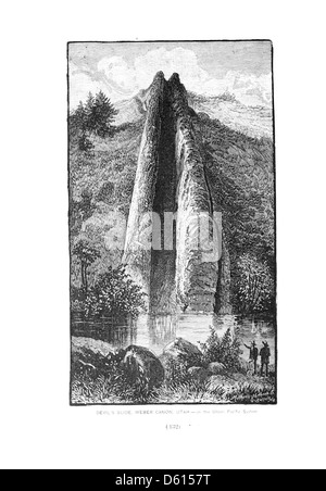 Dieses Bild aus dem Jahr 1891 zeigt die Devil’s Slide im Weber Canyon, Utah, ein bemerkenswertes Naturdenkmal entlang des Union Pacific Eisenbahnsystems, bekannt für seine landschaftliche Schönheit und als Gesundheitsziel. Stockfoto