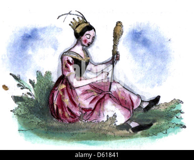 Eine Illustration aus der Kinderfee-Bibliothek, einer Sammlung von Geschichten für Kinder, die wahrscheinlich zwischen 1837 und 1838 veröffentlicht wurde. Das Bild zeigt eine Prinzessin mit Zepter, die ein fantastisches und königliches Thema, das typisch für Märchen ist, festlegt. Stockfoto