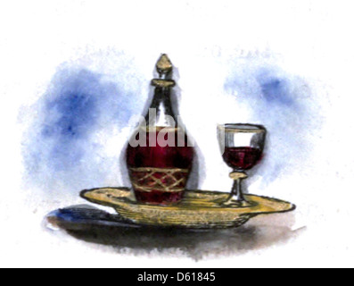 Eine Vintage-Illustration aus der „Kinderfee-Bibliothek“, die einen skurrilen Kelch mit Wein darstellt, von dem angenommen wird, dass er von den späten 1830er bis frühen 1840er Jahren stammt Das Bild spiegelt frühe viktorianische Fantasy-Kunst wider, die sich an Kinder richtet. Stockfoto