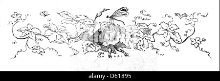 Dieser Bucheinband aus der Kinderfee-Bibliothek aus dem Jahr 1837-1838 zeigt ein skurriles Design mit verschiedenen Märchenfiguren. Die Bibliothek präsentiert eine Sammlung von Geschichten für Kinder, die von Magie und Fantasie durchdrungen sind. Stockfoto