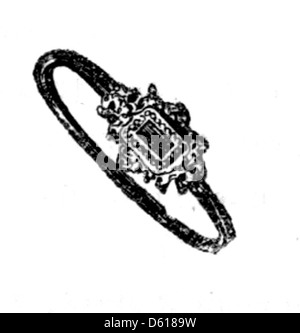 Diese Illustration aus der Kinderfee-Bibliothek zeigt einen Ring, der möglicherweise im Zusammenhang mit Märchen symbolisch ist. Das Buch, das in den späten 1830er Jahren veröffentlicht wurde, ist Teil einer Sammlung von Geschichten, die junge Leser inspirieren sollen. Stockfoto