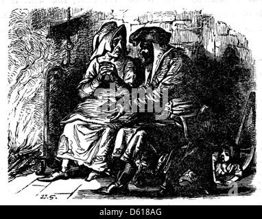 Ein Buch aus dem frühen 19. Jahrhundert mit dem Titel „The Child's Fairy Library“, das zwischen 1837 und 1838 veröffentlicht wurde. Es handelt sich um eine Sammlung von Märchen und Geschichten für Kinder, mit bezaubernden Illustrationen, die den Stil der Kinderliteratur der Zeit widerspiegeln. Stockfoto