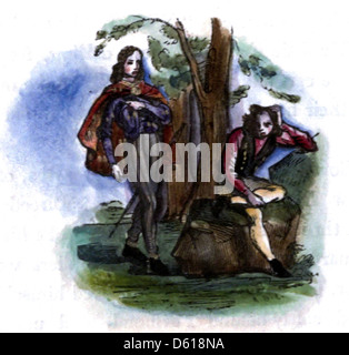 Eine Illustration aus der Kinderfee-Bibliothek, einer Sammlung von Märchen aus den Jahren 1837-1838. Das Kunstwerk zeigt Szenen magischer Abenteuer und mythischer Kreaturen. Stockfoto