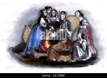 Eine Illustration aus der Kinderfee-Bibliothek, eine Sammlung von Märchen aus den späten 1830er Jahren Das Buch enthält bezaubernde Illustrationen und Geschichten, die junge Leser mit fantasievollen Geschichten über Fantasie, Magie und Moralunterricht inspirieren sollen. Stockfoto