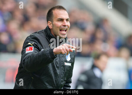 Hoffenheim Trainer Markus Babbel Gesten während der Fußball-Bundesliga-match zwischen 1899 Hoffenheim und Bayer Leverkusen in der Rhein-Neckar-Arena in Sinsheim, Deutschland, 21. April 2012. Foto: UWE ANSPACH (Achtung: EMBARGO Bedingungen! Die DFL ermöglicht die weitere Nutzung der Bilder im IPTV, mobile Dienste und anderen neuen Technologien nur nicht früher als zwei Stunden Stockfoto