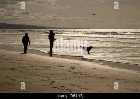 Strand; In der Nähe von Flexbury; Bude; Cornwall; VEREINIGTES KÖNIGREICH; Spaziergang mit dem Hund Stockfoto