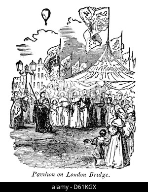 Eine Illustration aus „A Pictorial History of England“ (1854), die den Pavillon auf der London Bridge zeigt. Das Bild hebt die architektonischen Merkmale dieses ikonischen Gebäudes und seinen Platz in Londons historischer Landschaft hervor. Stockfoto