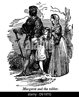 Eine Illustration aus der 1854 erschienenen Ausgabe von A Pictorial History of England, die eine Szene mit Margaret und einem Räuber darstellt. Das Kunstwerk fängt den dramatischen Moment ein und reflektiert englische Folklore und historische Geschichten. Stockfoto