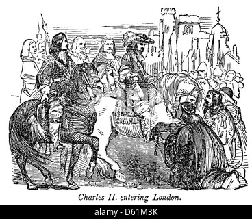 Eine Illustration aus dem Jahr 1854 aus „A Pictorial History of England“, die die dramatische Szene von König Karl II. In London zeigt und ein bedeutendes Ereignis in der englischen Geschichte darstellt. Stockfoto