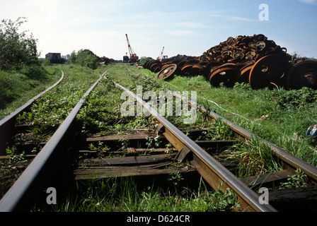 Woodhams von Barry Island trainieren Schrottplatz in Wales im Jahr 1980 mit verwilderten Linie und Schrott Eisenbahnräder im Hintergrund Stockfoto