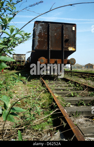 Woodhams von Barry Island Schrottplatz in Wales im Jahr 1980 mit verwilderten Eisenbahnlinie zu trainieren und Schrott Railtruck im Hintergrund Stockfoto