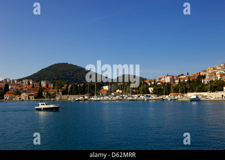 Villen an der Küste entlang. Und Hügeln im Hintergrund. Luka Gruz Hafen, Dubrovnik, Kroatien, Europa Stockfoto