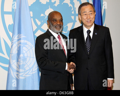 Haitianische Präsident Rene Preval und Generalsekretär der Vereinten Nationen Ban Ki-Moon Tagung des Rates in Bezug auf die Stockfoto