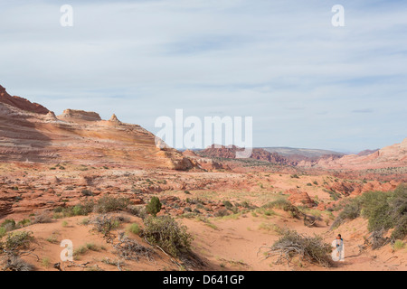 Junge Frau Wandern entlang der unmarkiert - The Wave - nahe der Grenze zu Arizona und Utah an den Hängen des Coyote Buttes Stockfoto