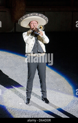 Mariachi Trompeter, Leistung der "Mexiko-Simulationsspiel", Xcaret, Playa del Carmen, Riviera Maya, Yucatan, Mexiko. Stockfoto