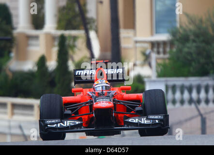 Deutsche Formel1-Fahrer Timo Glock von Marussia steuert sein Auto auf der Strecke während des zweiten Trainings an der F1 Rennstrecke von Monte Carlo, 24. Mai 2012. Der Grand Prix statt findet am 27. Mai. Foto: Jens Buettner Dpa +++(c) Dpa - Bildfunk +++ Stockfoto